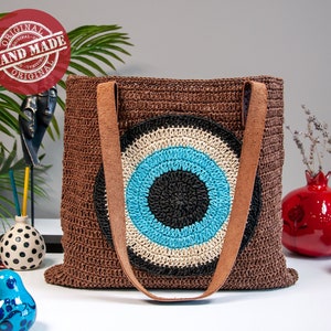 Evil Eye Hand-knitted Crochet Shoulder Bag Paper Rope Knitted Purse Semi-Transparent Tote Bag for Women, gift for her handmade crochet bag