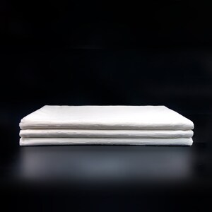 May include: A stack of three white paper sheets, folded in half, on a black background.