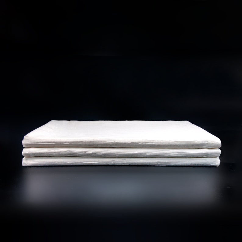 May include: A stack of three white paper sheets, folded in half, on a black background.