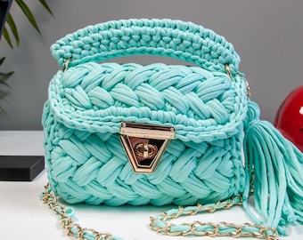 Turquoise Crochet Crossbody Bag: Handmade Woven Shoulder Purse