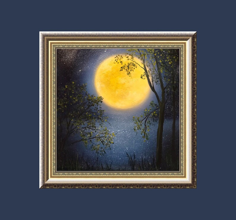 Big Yellow Moon Oil Painting Night Scenery Lake Original Art Etsy