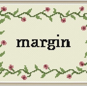 May include: Cross-stitch pattern with a floral border and the word "margin" in the center.
