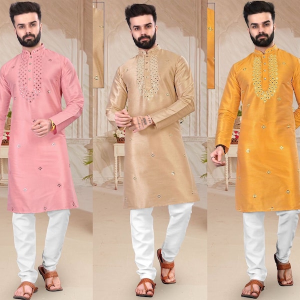 Men's Kurta Pajama , Silk Kurta With Real Mirror Work & Semi Cotton Pajama, Designer Party Wear Men's Kurtas, Salwar, Churidar, Pyjama