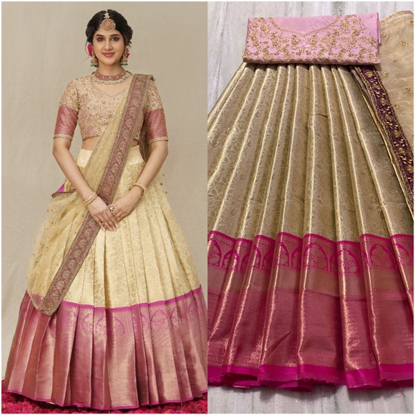 Beautiful Colors Soft Silk Fabric Pure Zari Weaving Work Half Saree Paired With Custom Stitch Choli Blouse And Border Work Voni Dupatta