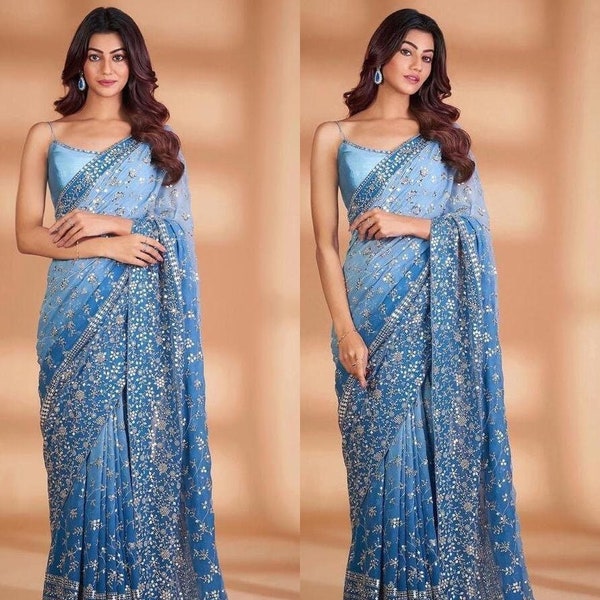 Beautiful Shading Blue Color Sequins Embroidery Work Georgette Saree Paired With Matching Banglori Silk Blouse, Party Wear Wedding Sarees