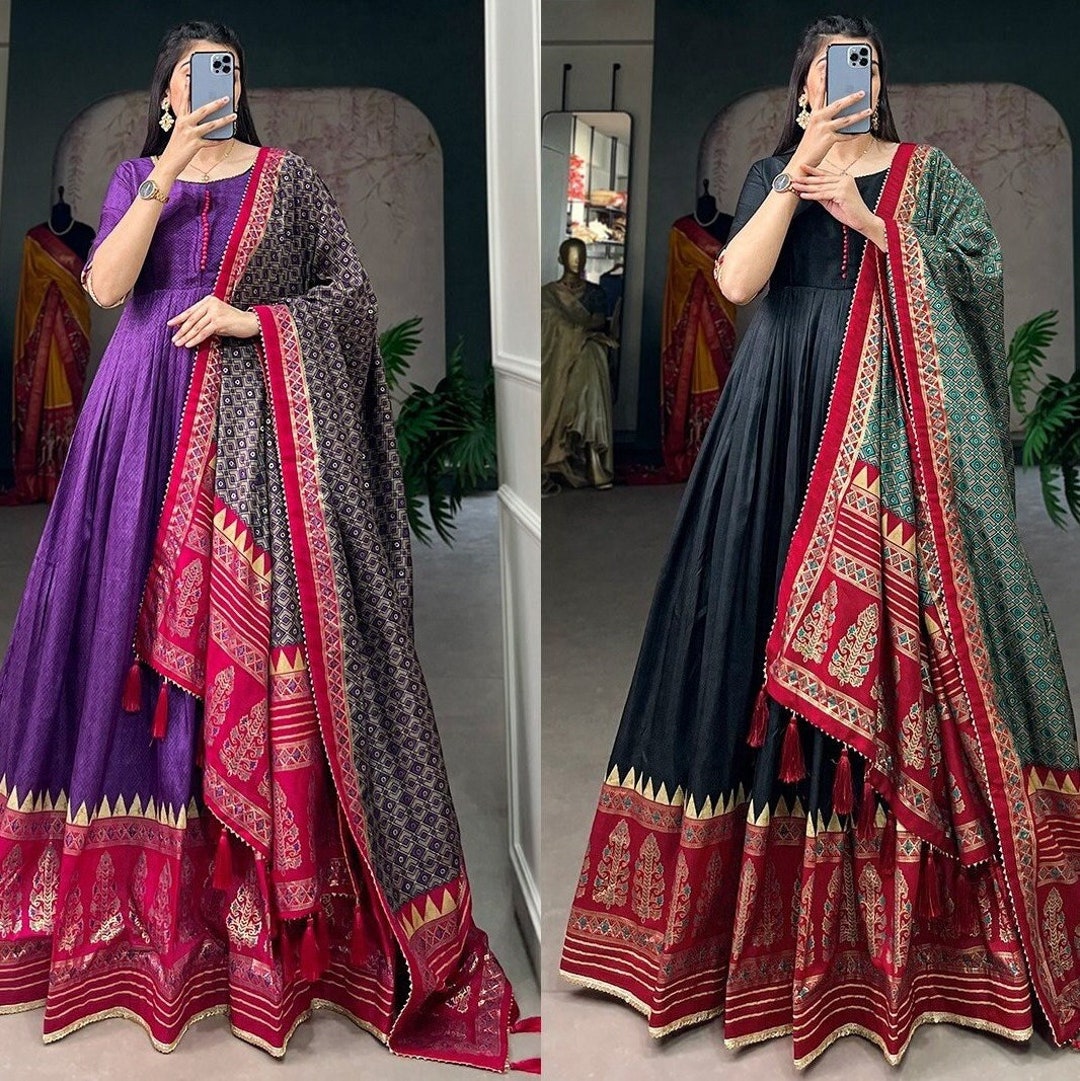 Beautiful Color Ready Wear Full Stitch Printed With Foil Work Tussar ...