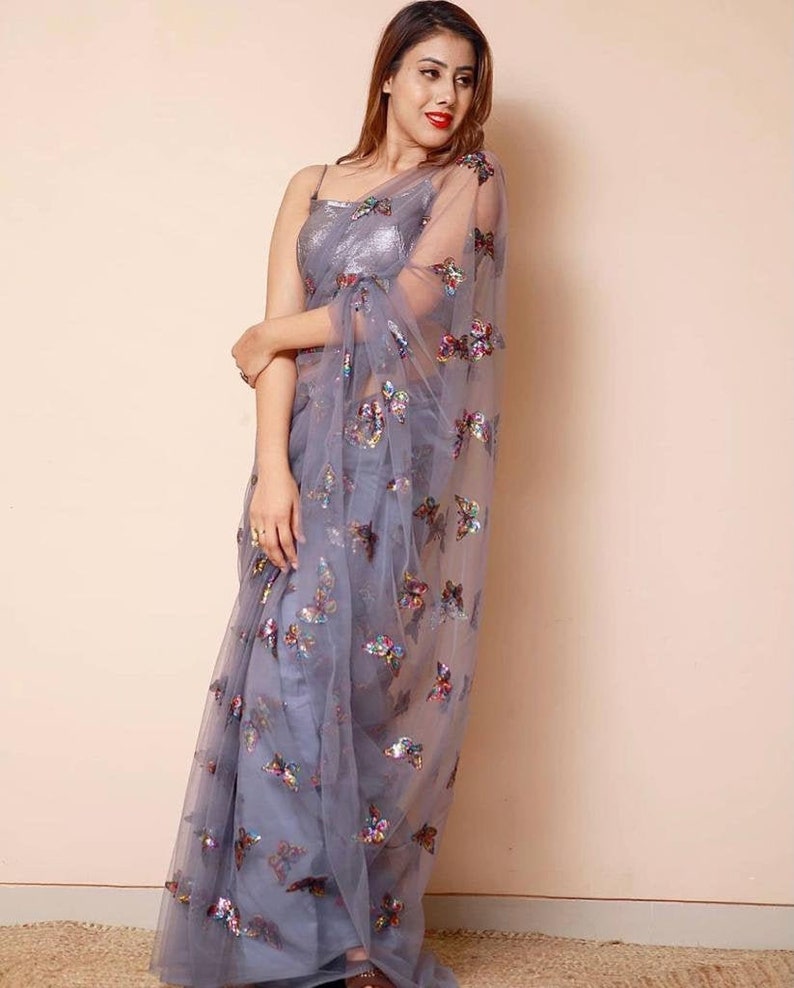 Soft Net Saree With Rainbow Sequence Butterfly Work All Over Saree Rimzim Heavy Blouse All Saree Fully Sequence Work