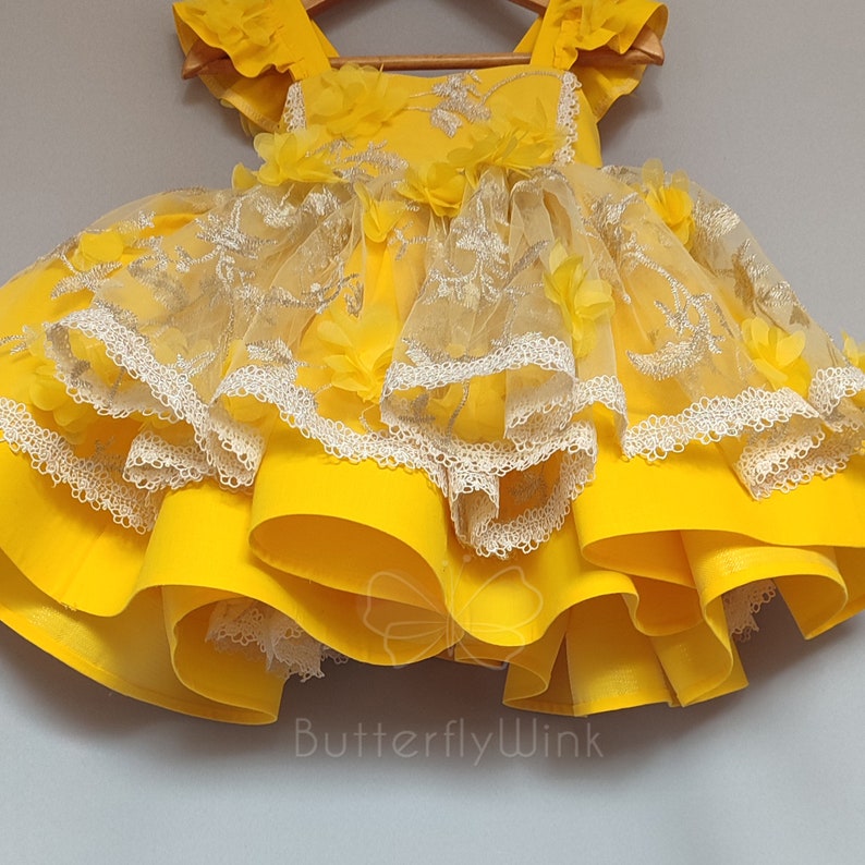 Gele verjaardag jurk, gele feestjurk voor meisjes, gezwollen gele jurk, gele 1e verjaardag jurk, tuin fotoshoot gele jurk afbeelding 8