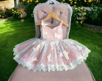 Vestido de mariposa estilo princesa, vestido de mariposa de cumpleaños, vestido de fiesta para bebé o niño pequeño, vestido hinchado con mariposas, vestido de Pascua para niña