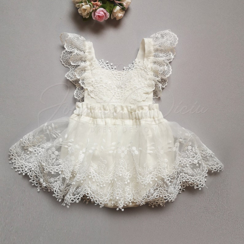 Linen and Lace Romper for Baby Girl Ivory Lace Romper First Etsy