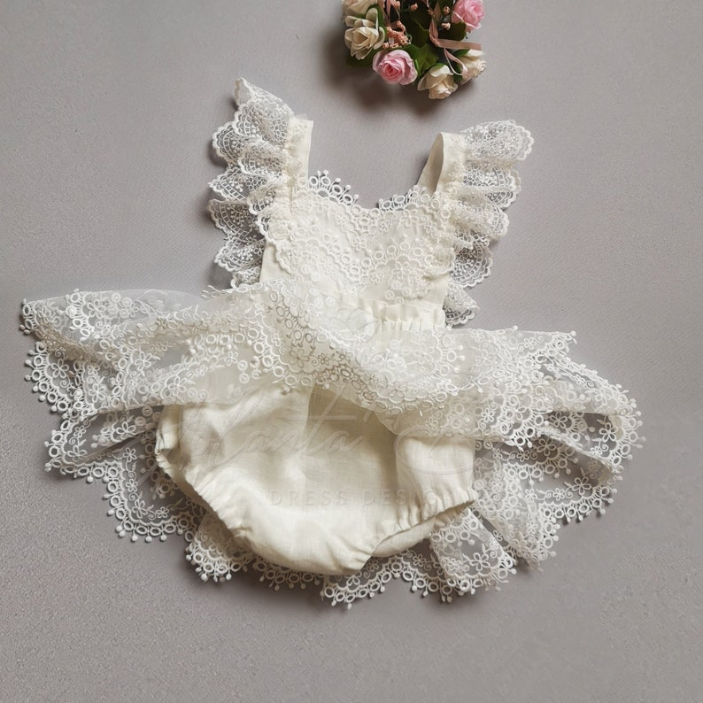 Linen and Lace Romper for Baby Girl Ivory Lace Romper First Etsy
