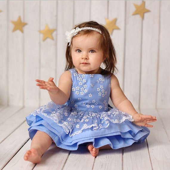Blue romper First birthday blue dress Sky blue romper dress Blue cake smash romper for baby girl on sale 12 18 months