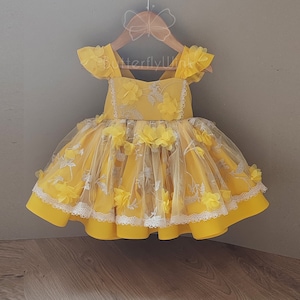 Gele verjaardag jurk, gele feestjurk voor meisjes, gezwollen gele jurk, gele 1e verjaardag jurk, tuin fotoshoot gele jurk afbeelding 1