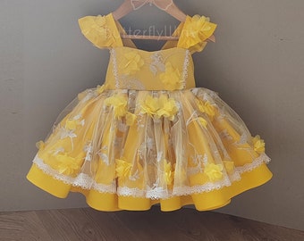 Yellow birthday dress, Yellow party dress for girls, Puffy yellow dress, Yellow 1st birthday dress, Garden photoshoot yellow dress