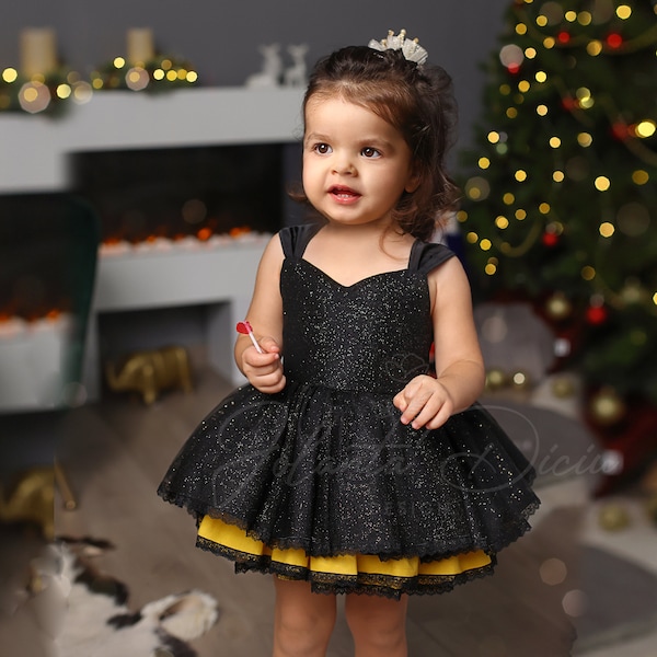 Black And Gold Little Girl Dresses Black Flower Girl Dress, Flower Girl  Dress, Black Girl Dress,