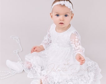 Long sleeve baptism dress. Lace baptism dress for baby girl