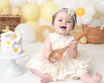 Tenue de premier anniversaire de Marguerite, barboteuse de marguerite, robe de thème de marguerite pour la fille, bébé, robe de marguerite d'enfant en bas âge