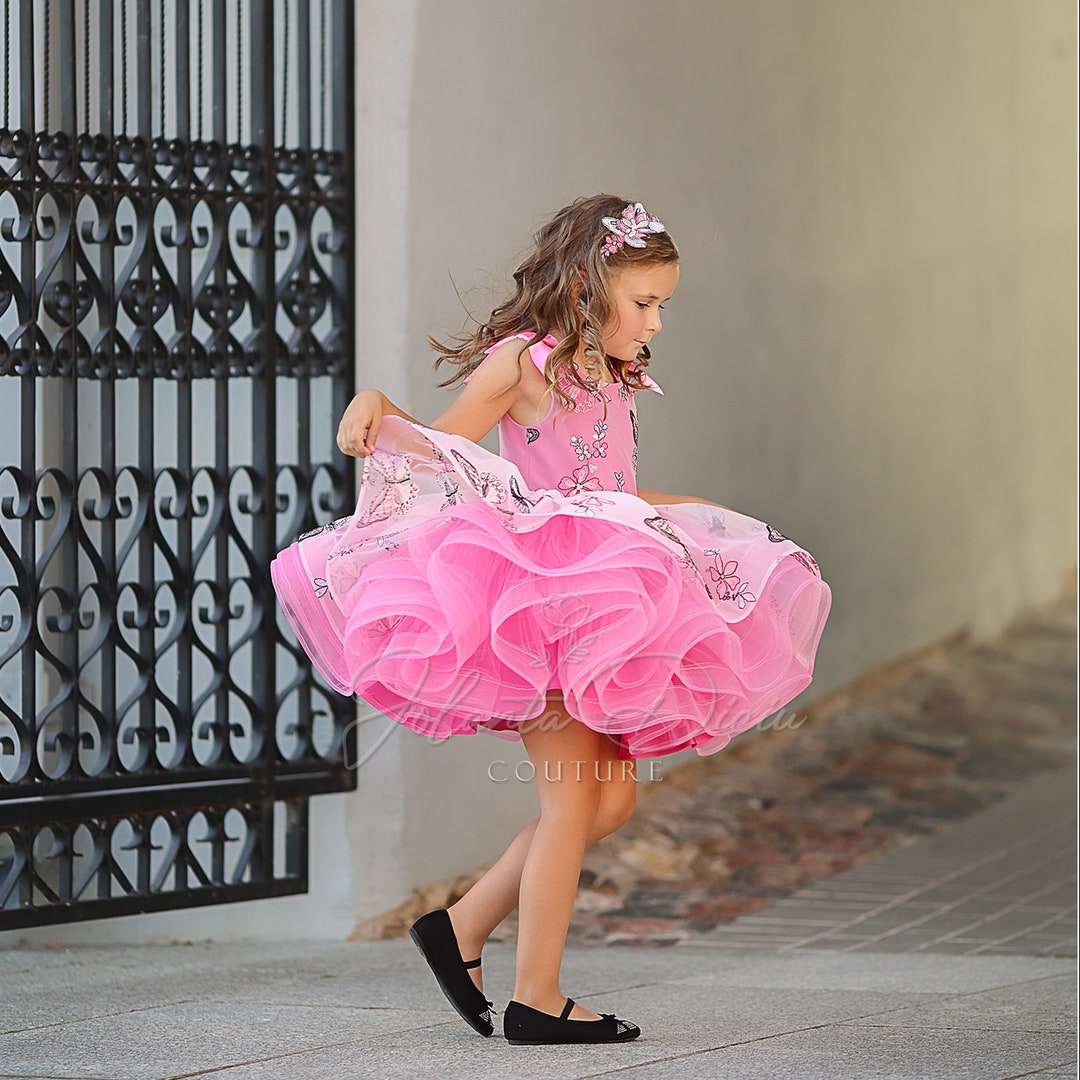 Hot Pink Party Dress, Couture Party Dress for Girls, Flowers and