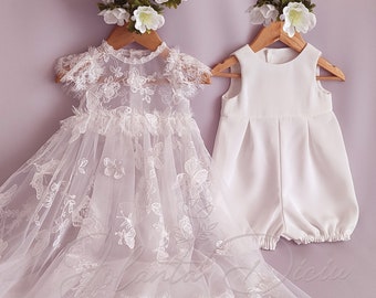 Baptism dress with butterflies, Butterfly christening dress, Two piece christening outfit romper and skirt, Baptism dress for baby girl