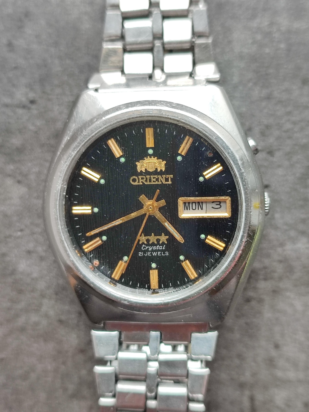 1980s Orient Automatic Men's Watch, Black Dial, Crystal 3 Star