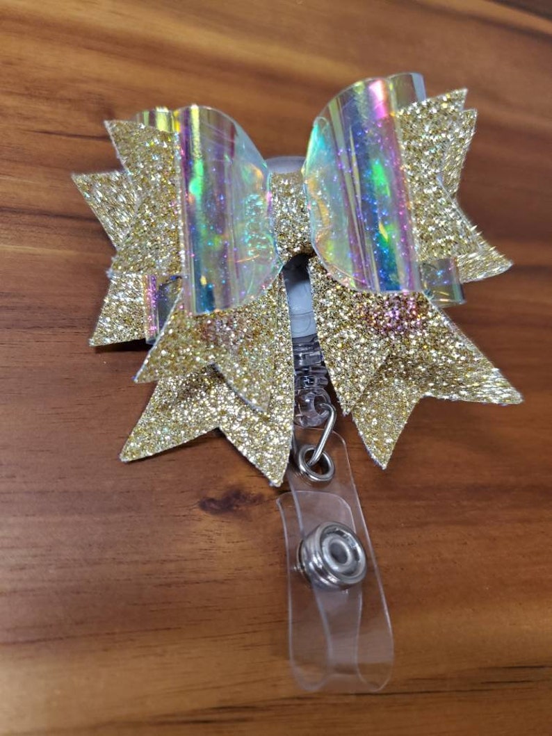 Gold and Holo Badge Reel Double Bow