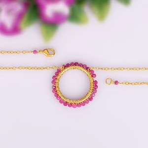 Handmade Solid Gold Necklace: Ruby Beads Charm, Gold Wrapped Pendant