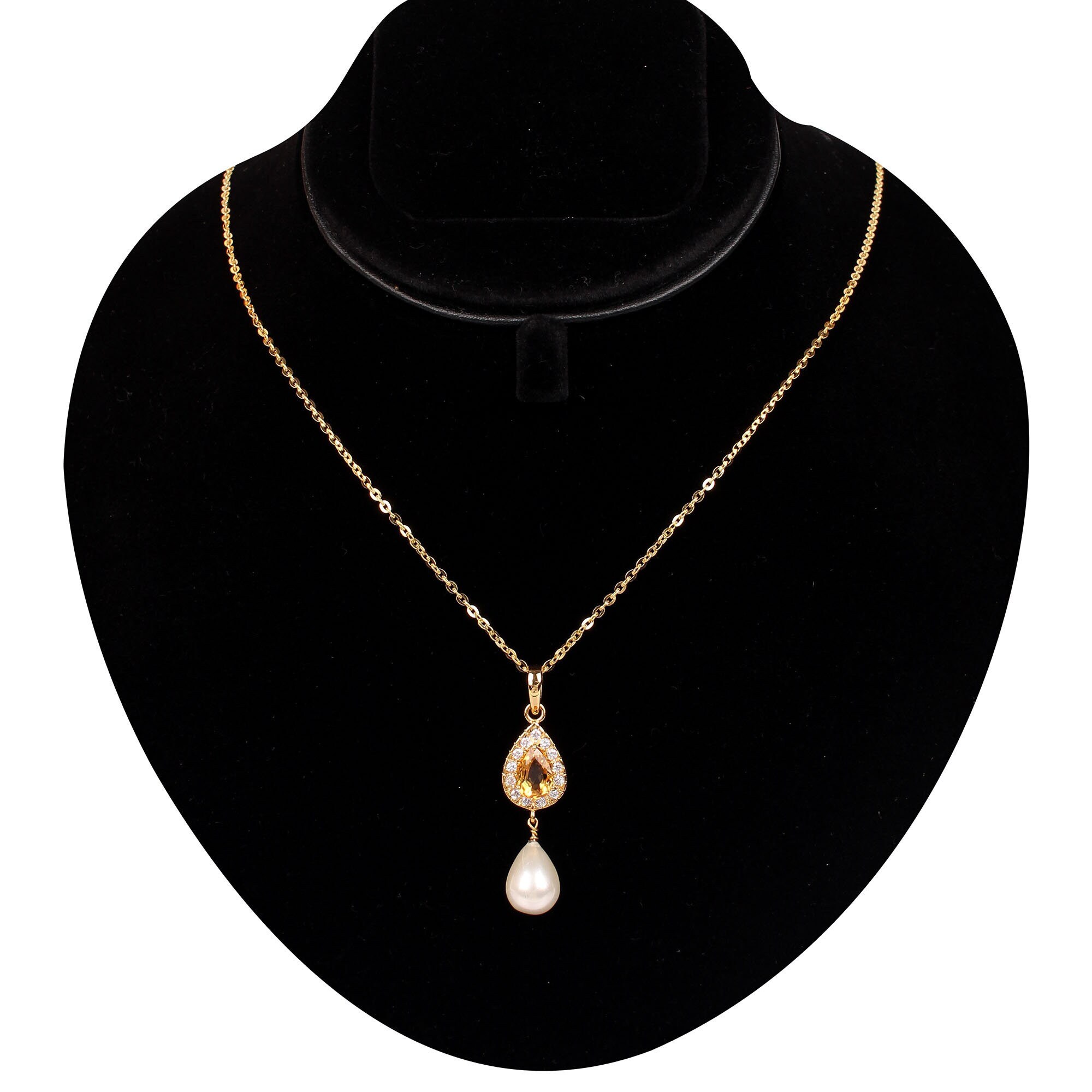 22k Solid Gold Halo Necklace Yellow Topaz and Cz Gemstone Necklace for