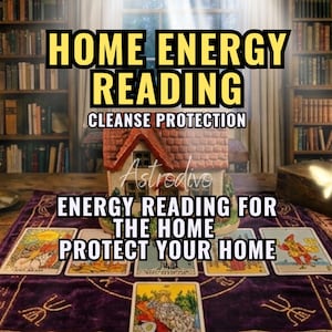 May include: A purple velvet cloth featuring gold embroidered symbols, topped with six tarot cards, a miniature house model, and a lit white candle in a metal holder. Text reads: HOME ENERGY READING, CLEANSE PROTECTION, ENERGY READING FOR THE HOME, PROTECT YOUR HOME.