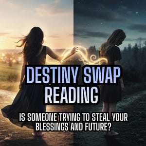 May include: A digital illustration featuring two figures standing on a path divided between day and night. The text reads: DESTINY SWAP READING IS SOMEONE TRYING TO STEAL YOUR BLESSINGS AND FUTURE? A glowing golden light connects the two figures.