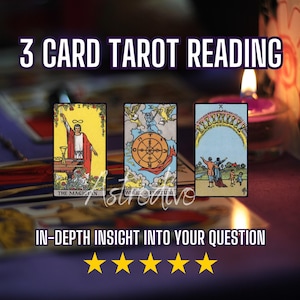 May include: An image featuring three tarot cards with the text "3 CARD TAROT READING." The cards are displayed on a purple surface, with a candle in the background. The text "IN-DEPTH INSIGHT INTO YOUR QUESTION" is also visible.