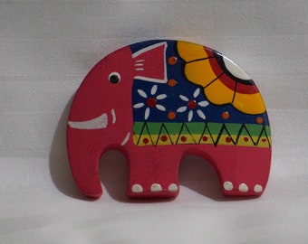 Handmade Colorful Wooden Elephant Art Mask Fridge Magnet and Key Tag