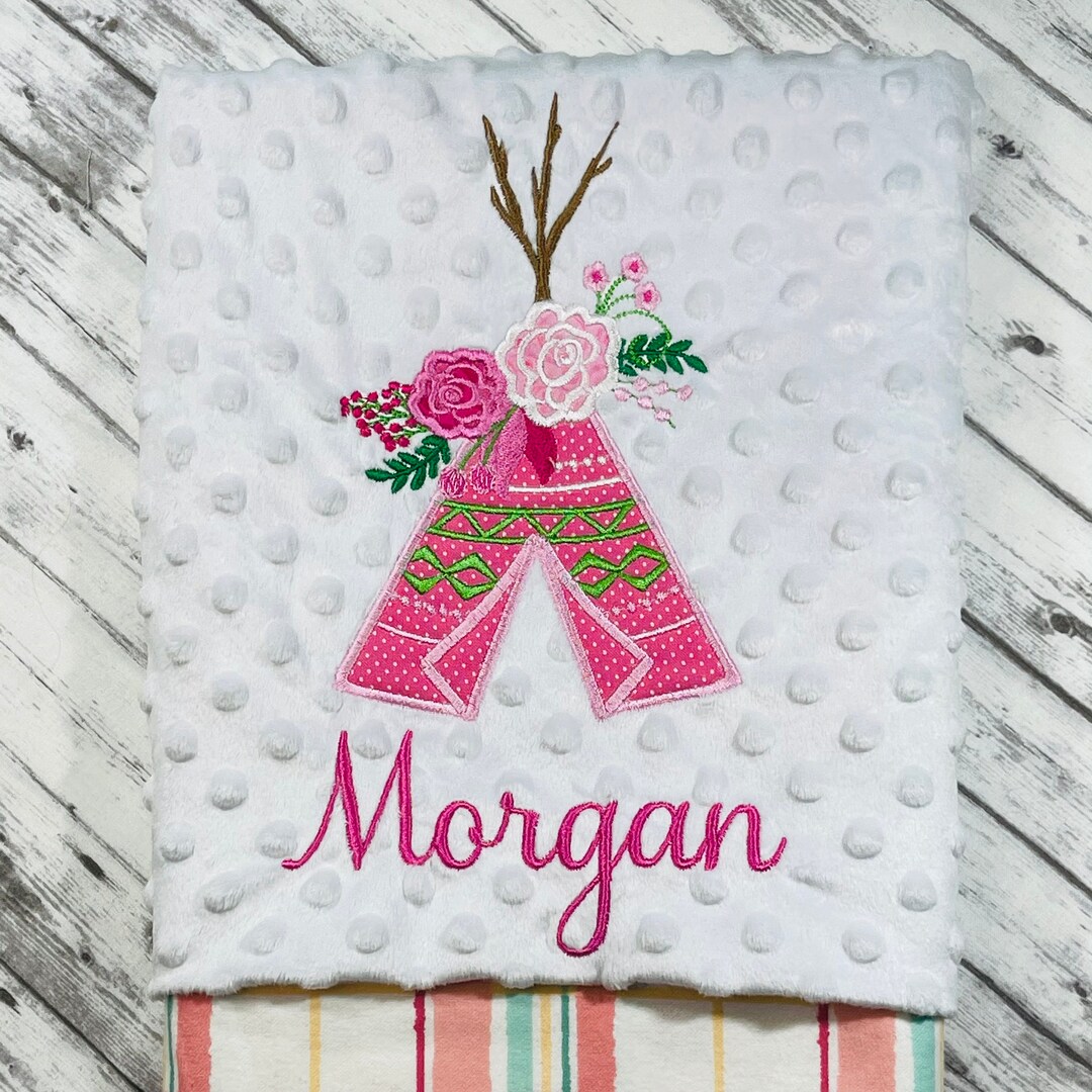 Boho Teepee Embroidered Baby Blanket/baby Girl Blanket/teepee Bib/teepee Burp Cloth/minky