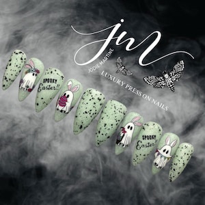 Spooky Easter • Ghost Bunnies • Salon Quality • Long-Wearing • Set of 10 • Luxury Hand Painted Reusable Press On Nails