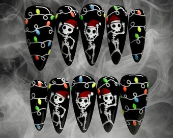 Skeletons Christmas Party • Creepmas • Salon Quality • Long-Wearing • Set of 10 • Luxury Hand Painted Reusable Press On Nails