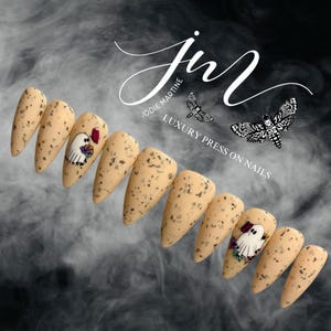 Spooky Spring • Ghosts • Speckled Egg effect • Salon Quality • Long-Wearing • Set of 10 • Luxury Hand Painted Reusable Press On Nails