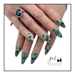 The Witch’s Garden • Sage Green, Gold & Black • Salon Quality • Long-Wearing • Set of 10 • Luxury Hand Painted Reusable Press On Nails