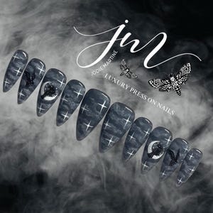 Crows in the Foggy Sky • Salon Quality • Long-Wearing • Set of 10 • Luxury Hand Painted Reusable Press On Nails