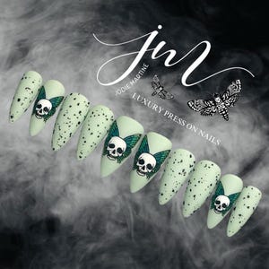 Spooky Spring • Skull Butterflies • Salon Quality • Long-Wearing • Set of 10 • Luxury Hand Painted Reusable Press On Nails