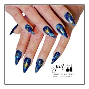 Celestial Sun and Moon Design • Salon Quality • Long-Wearing • Set of 10 • Luxury Hand Painted Reusable Press On Nails