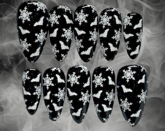 Bats flying through Snowflakes • Black • Salon Quality • Long-Wearing • Set of 10 • Luxury Hand Painted Reusable Press On Nails