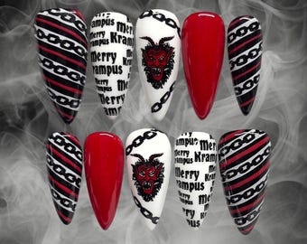 Merry Krampus • Black, White & Red • Creepmas • Salon Quality • Long-Wearing • Set of 10 • Luxury Hand Painted Reusable Press On Nails
