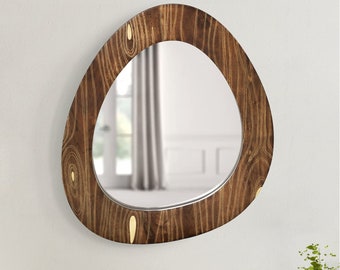 Wooden Wall Mirror with Brass Inlay, Mid Century Modern Wall Mirror, Christmas Gift