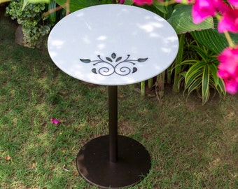 Handmade Round White Marble Side Table with MOP Inlay, End Table for Living Room,  A Housewarming Gift