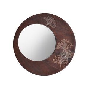 Round Wall Mirror, Natural Wood Mirror with Brass Inlay, Decorative Mirror with Flower Motif, Wall Decor Mirror, Thanksgiving Gift.