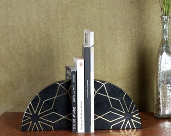 Bookends with Brass Inlay, Book Holder with Geometric Motif, Reader Gift.