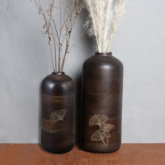 Set di 2 vasi in legno di acacia, vaso di fiori con dettagli in ottone, set  di vasi decorativi fatti a mano, elegante decorazione natalizia -   Italia