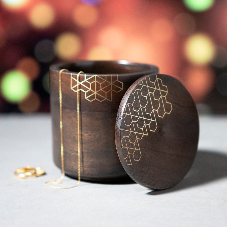 Wooden Jewellery Box with Brass Inlay, Trinket Box with Geometric Motif, Gift for Christmas image 1