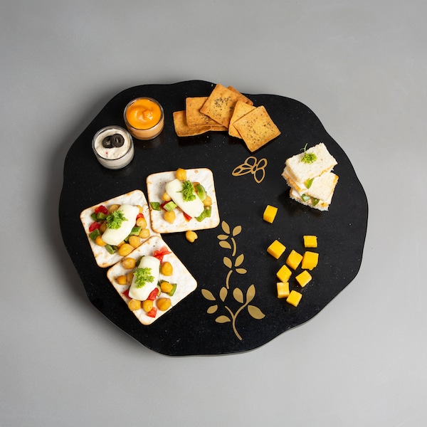 Black Limestone Lazy Susan with Brass Inlay, Rotating Serving Board, Display Countertop, Valentine Couple Gift.