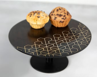 Wooden and Brass Inlay Round Cake Stand,  Natural wood cake pedestal, Unique Centerpiece cake riser, Engagement gift.