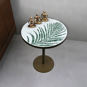 Glass Mosaic Round Side Table, End Table with Leaf Pattern, Coffee Table, Modern Home Decor, Family Gift.